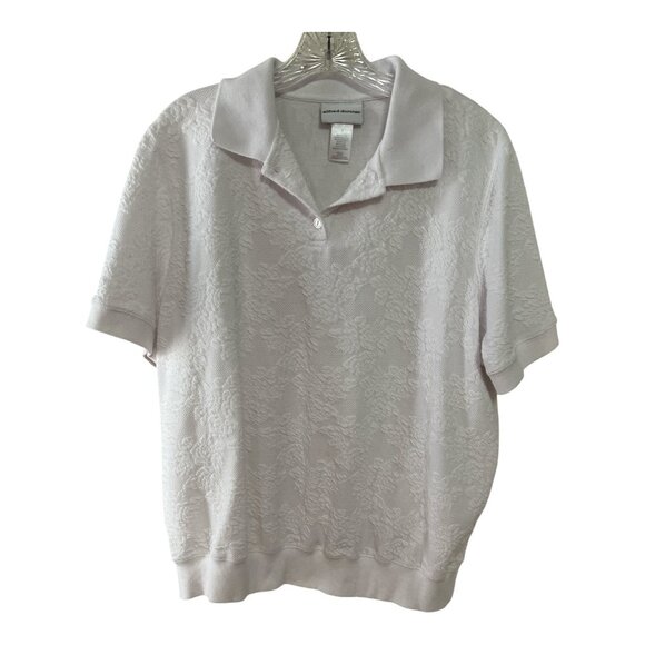 Alfred Dunner Women’s Size L Textured Knit Polo Top – White Floral Jacquard - Picture 1 of 6